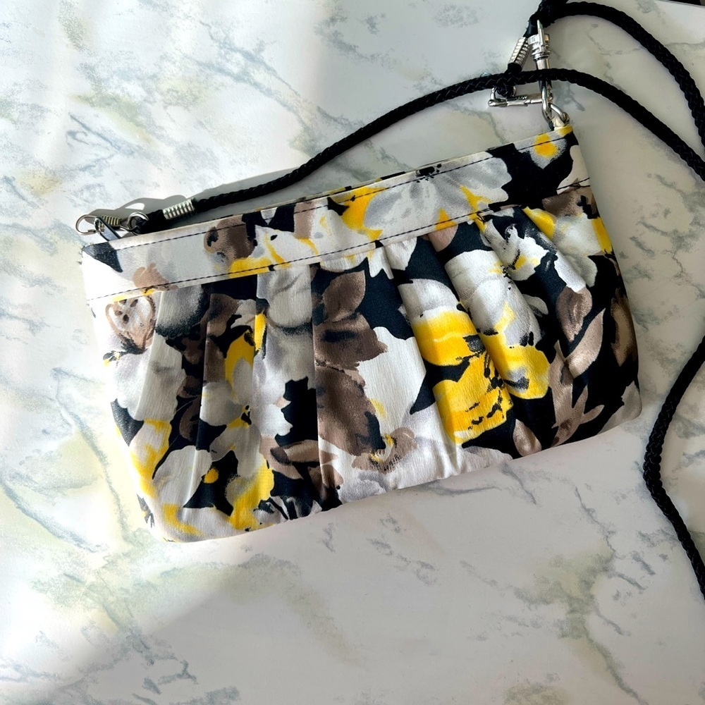 RSVP wristlet bag, black white and yellow floral design